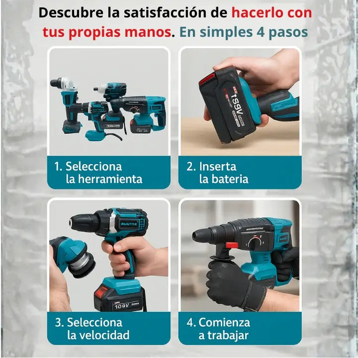 PowerMaster4X™:Taladro, Esmeril, M Impacto y Rotomartillo + 2 baterias